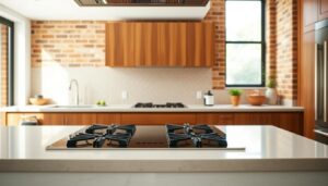 Combinações de materiais e cores para cozinhas com cooktops